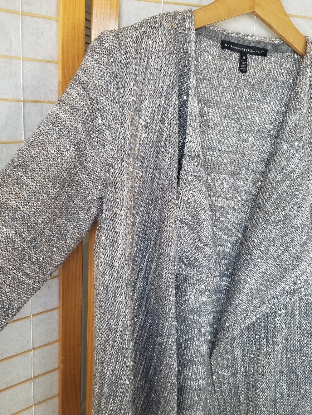 WHBM Shimmer Waterfall Cardigan Sweater Open Front Sequins Silver and Gold - Picture 3 of 9